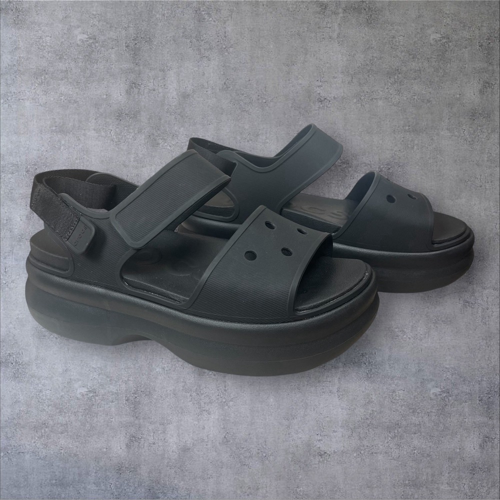 Crocs Black Soho Y Strap Platform Sandals Womens 11  Wedge Chunky Sole Beach